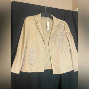 Linda Allard Ellen Tracy Linen Embroidered Blazer NWT Lined Size 4 Beige Pink